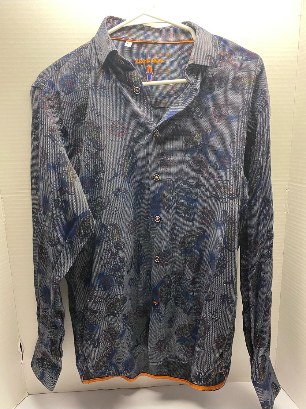 Paisley-Print Blue Long-Sleeve Casual Button-Down Shirt